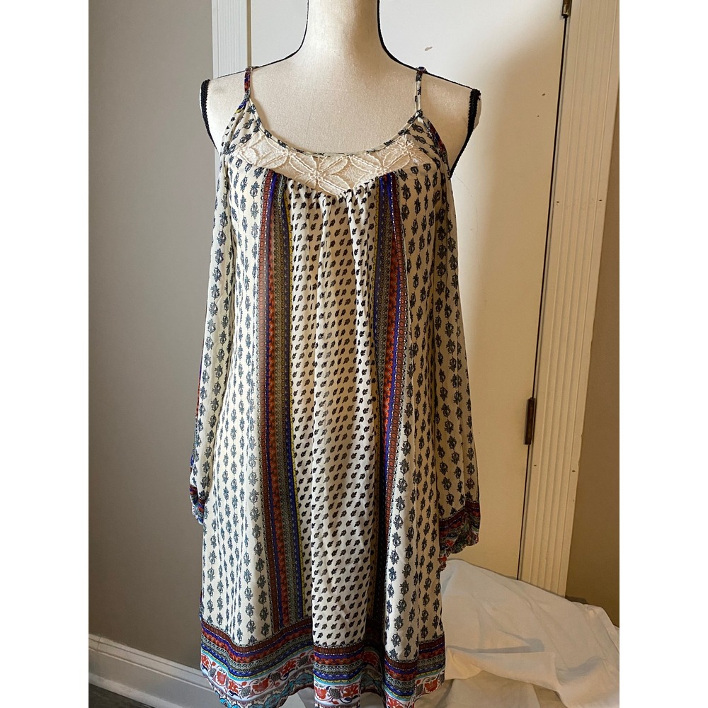Sequin Hearts Womens Boho Cold Shoulder Mini Dress Blue Orange Paisley Small